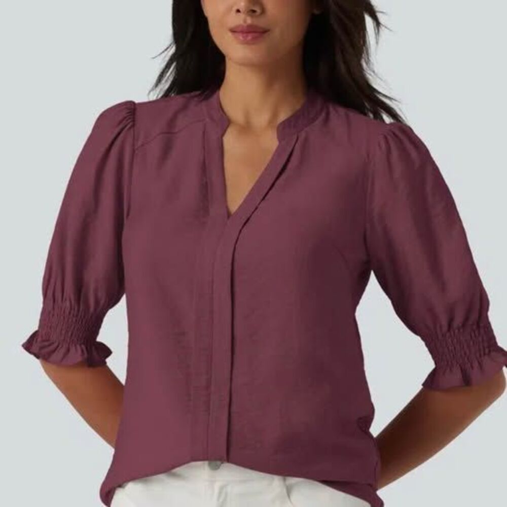 Halara V Neck Puff Short Sleeve Casual Blouse Wine Red Size Medium NWT